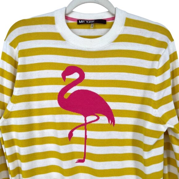 Mr Turk Mens Flamingo Stripe Sweater Yellow White Size XS - Picture 2 of 9